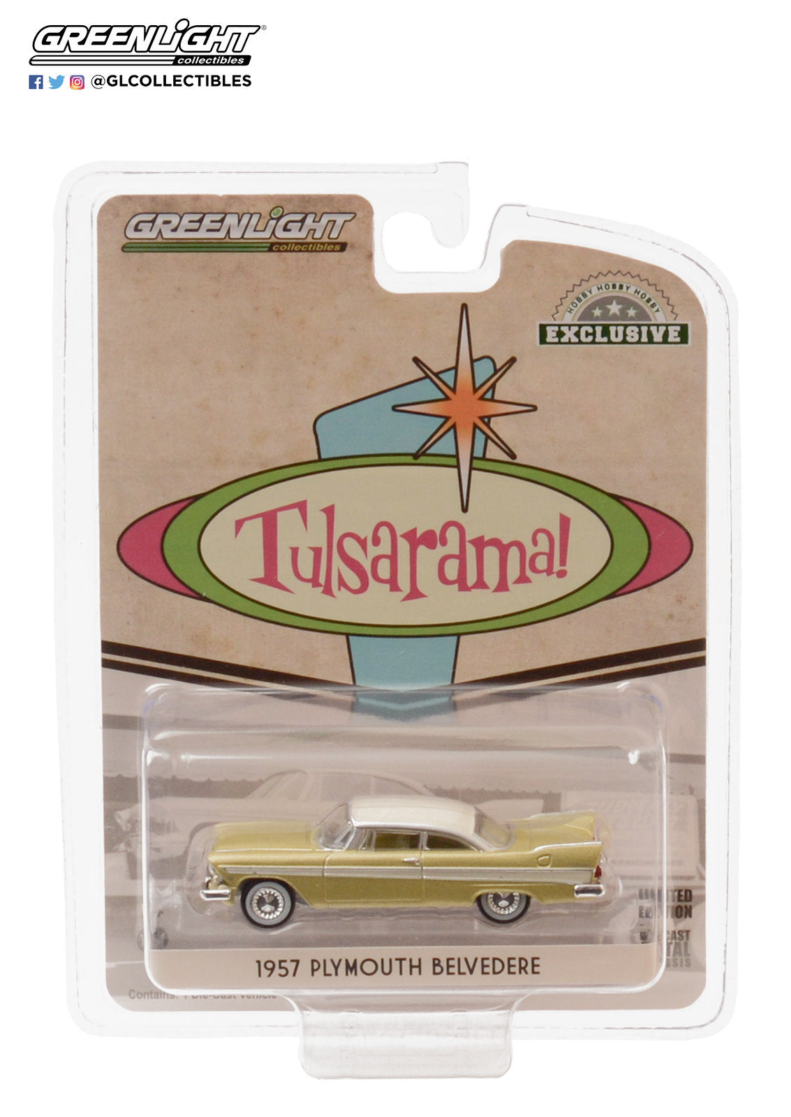 GreenLight 1:64 1957 Plymouth Belvedere - Desert Gold and Sand Dune White -  Tulsa, Oklahoma Tulsarama 1957 Underground Vault 30157