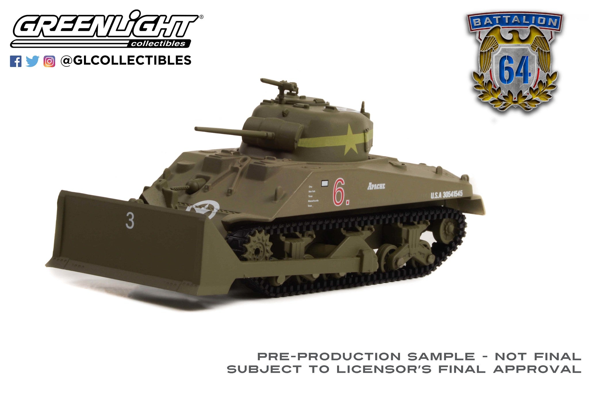 GreenLight 1:64 Battalion 64 Series 2 - 1944 M4 Sherman Dozer Tank with  Bulldozer Pusher Blade - U.S. Army World War II - Utah Beach, Normandy  Solid