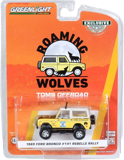 GreenLight 1:64 1969 Ford Bronco #141 Rebelle Rally - Toms Offroad, Roaming Wolves 30389