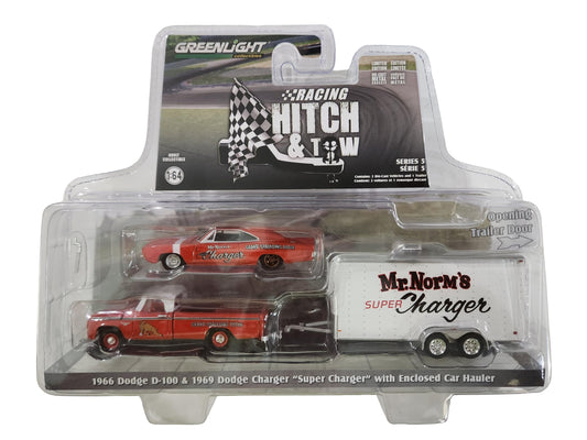 GreenLight 1:64 Racing Hitch & Tow Series 5 – 1966 Dodge D-100 and 1969 Dodge Charger “Super Charger” – Mr. Norm’s with Enclosed Car Hauler 31170-A