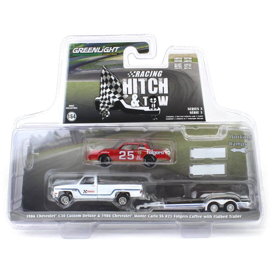 GreenLight 1:64 Racing Hitch & Tow Series 5 – 1986 Chevrolet C30 Custom Deluxe and 1986 Chevrolet Monte Carlo SS #25 Folgers Coffee – Hendrick Motorsports with Flatbed Trailer 31170-B