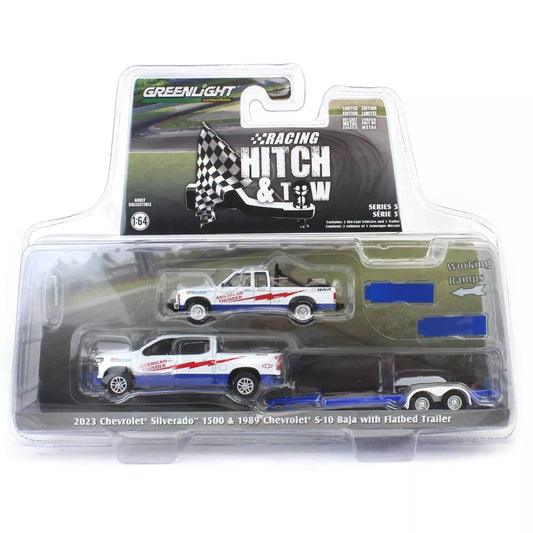 GreenLight 1:64 Racing Hitch & Tow Series 5 – 2023 Chevrolet Silverado 1500 and 1989 Chevrolet S-10 Baja – American Thunder with Flatbed Trailer 31170-C