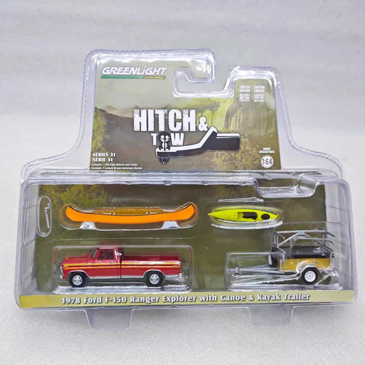 GreenLight 1:64 Hitch & Tow Series 31 - 1978 Ford F-150 Ranger Explorer – Maroon with Orange Explorer Stripes with Canoe Trailer with Canoe Rack, Canoe and Kayak 32310-B