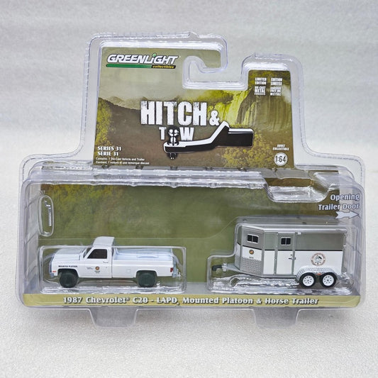 GreenLight 1:64 Hitch & Tow Series 31 - 1987 Chevrolet C20 - LAPD Search & Rescue Mounted Platoon with Horse Trailer 32310-C