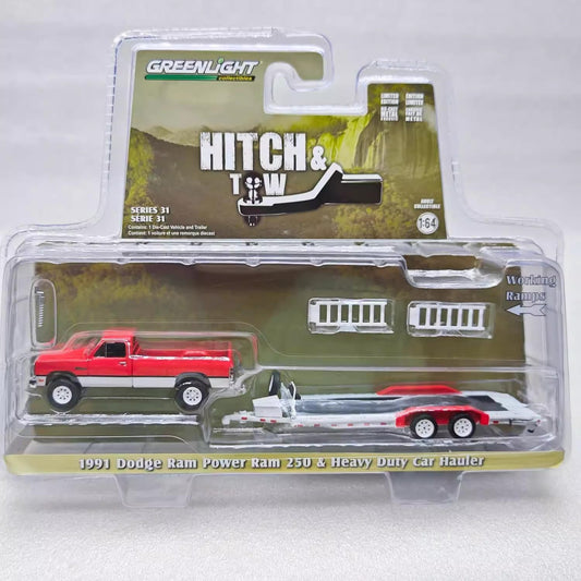 GreenLight 1:64 Hitch & Tow Series 31 - 1991 Dodge Ram Power Ram 250 - Red & White with Heavy Duty Car Hauler 32310-D