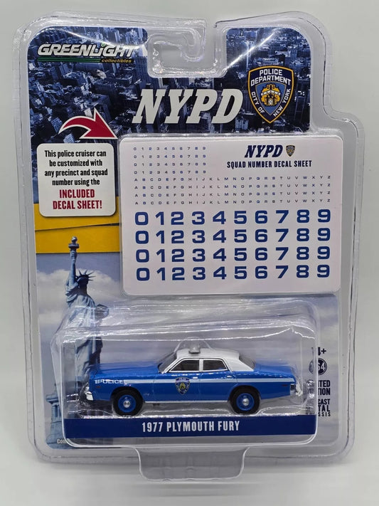 GreenLight 1:64 Hot Pursuit - 1977 Plymouth Fury - New York City Police Dept (NYPD) with NYPD Squad Number Decal Sheet (Hobby Exclusive) 42773