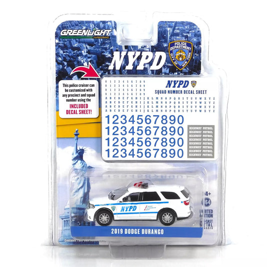 GreenLight 1:64 Hot Pursuit - 2019 Dodge Durango - New York City Police Dept (NYPD) with NYPD Squad Number Decal Sheet (Hobby Exclusive) 42775