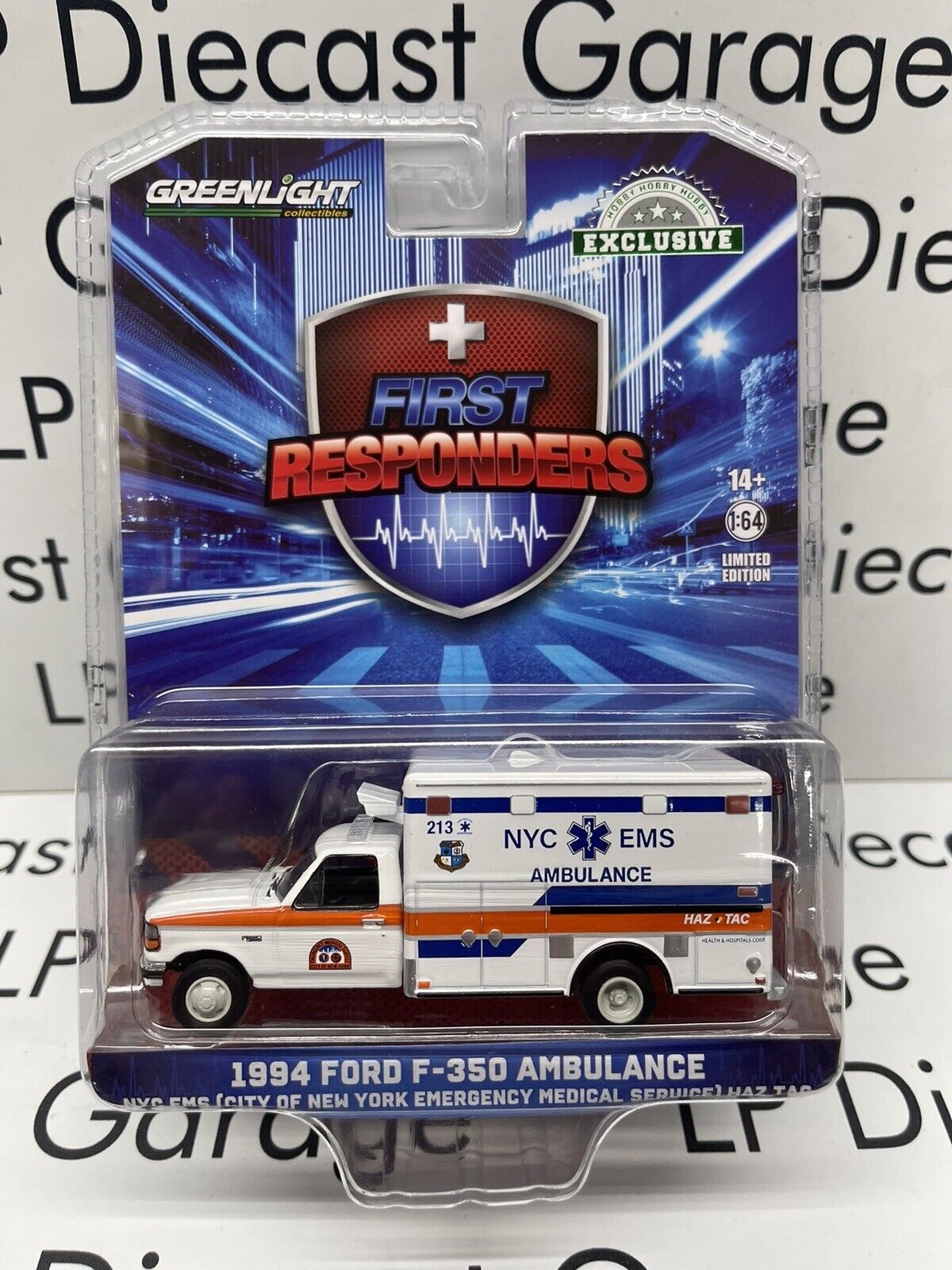 GreenLight 1:64 First Responders - 1994 Ford F-350 Ambulance - NYC EMS  (City of New York Emergency Medical Service) HAZ TAC Ambulance 67064