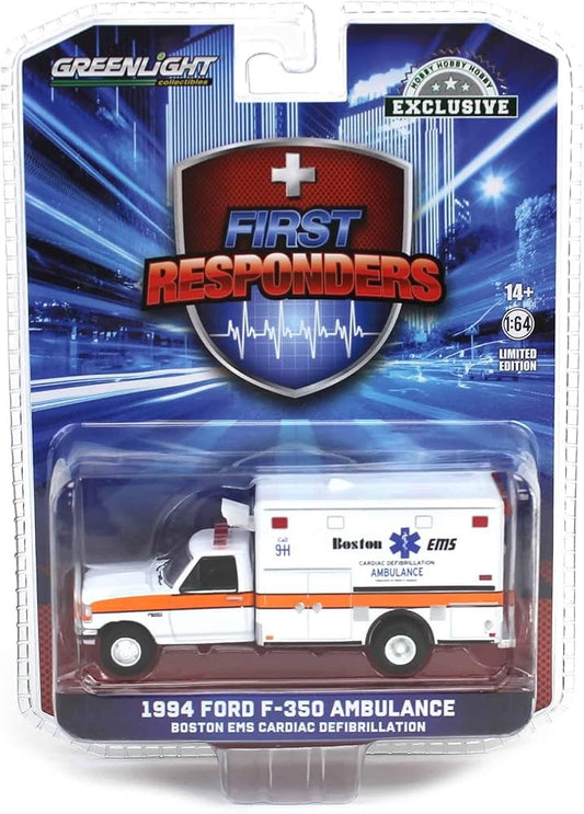 GreenLight 1:64 First Responders - 1994 Ford F-350 Ambulance - Boston EMS Cardiac Defibrillation Ambulance, Boston, Massachusetts (Hobby Exclusive) 67066