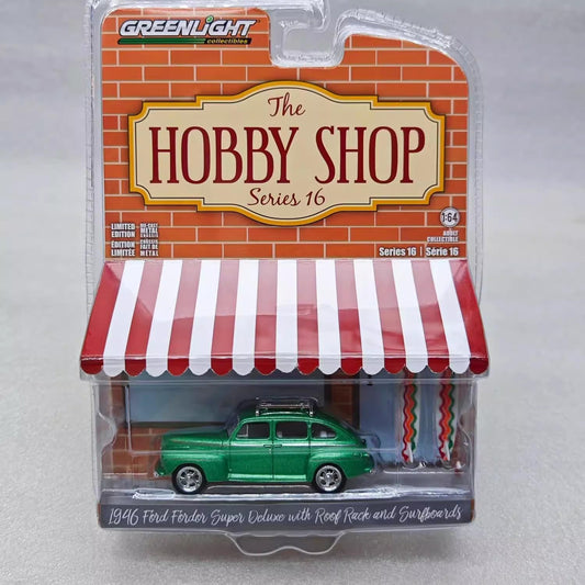 GreenLight 1:64 The Hobby Shop Series 16 - 1946 Ford Fordor Super Deluxe with Roof Rack and Surfboards 97160-A