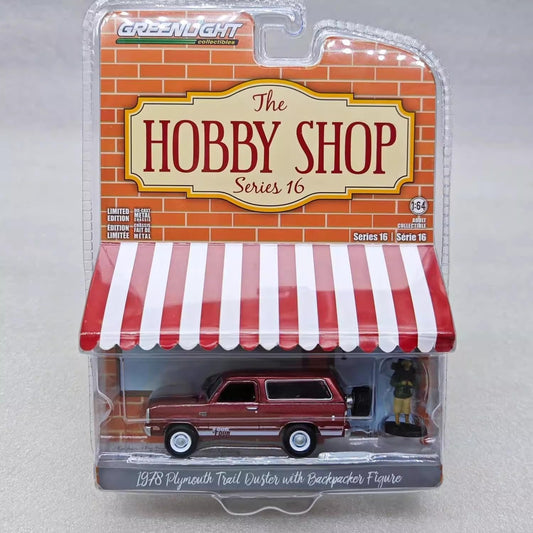 GreenLight 1:64 The Hobby Shop Series 16 - 1978 Plymouth Trail Duster with Backpacker Figure – Canyon Red Sunfire 97160-C