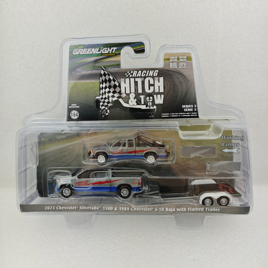 GreenLight Green Machine 1:64 Racing Hitch & Tow Series 5 – 2023 Chevrolet Silverado 1500 and 1989 Chevrolet S-10 Baja – American Thunder with Flatbed Trailer 31170-C