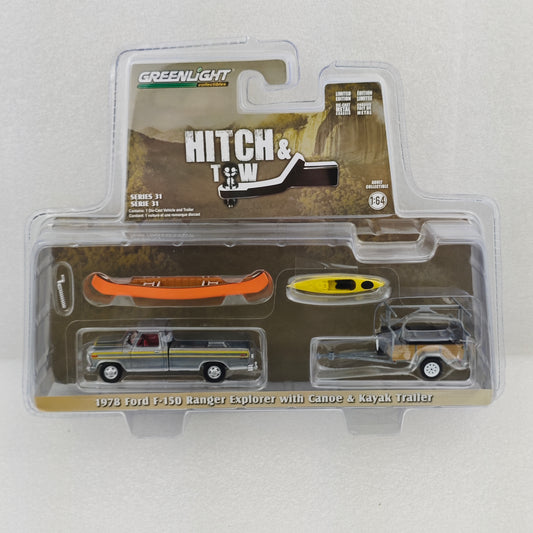 GreenLight Green Machine 1:64 Hitch & Tow Series 31 - 1978 Ford F-150 Ranger Explorer – Maroon with Orange Explorer Stripes with Canoe Trailer with Canoe Rack, Canoe and Kayak 32310-B