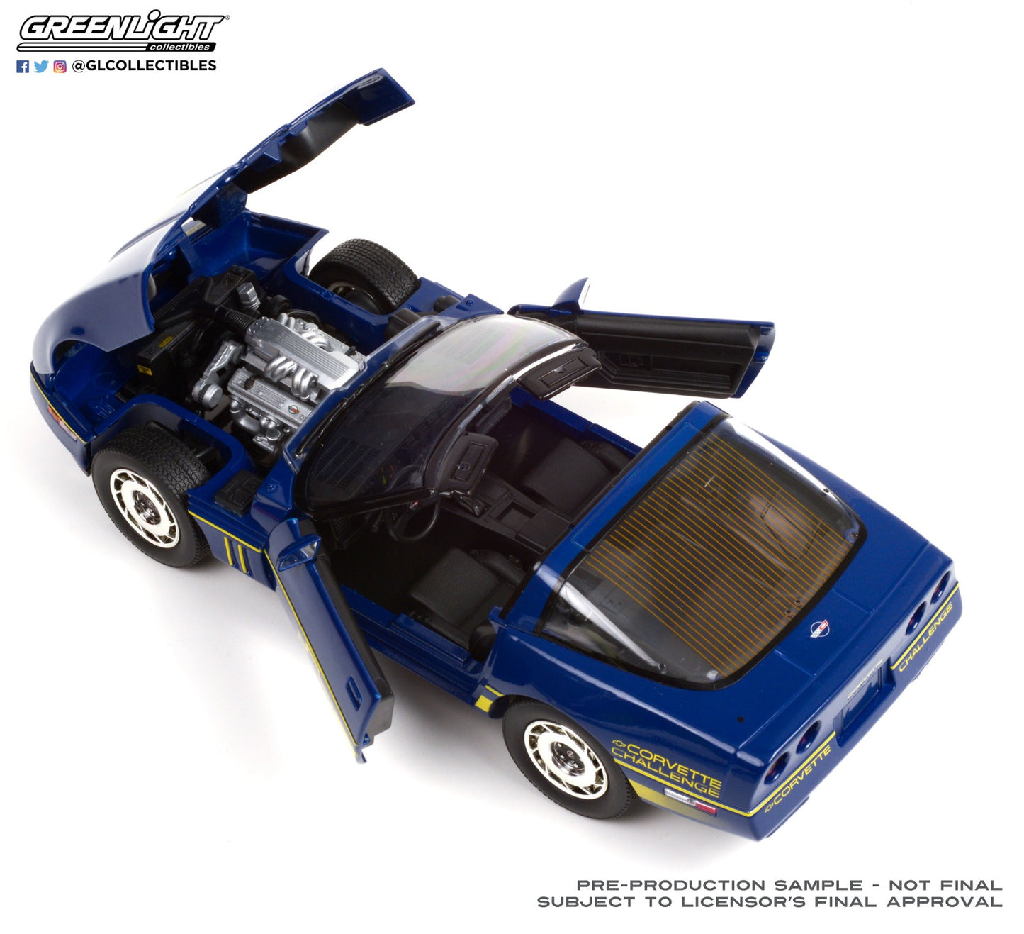 GreenLight 1:18 1988 Chevrolet Corvette C4 - Dark Blue with Yellow Stripes - Corvette Challenge Race Car 13597