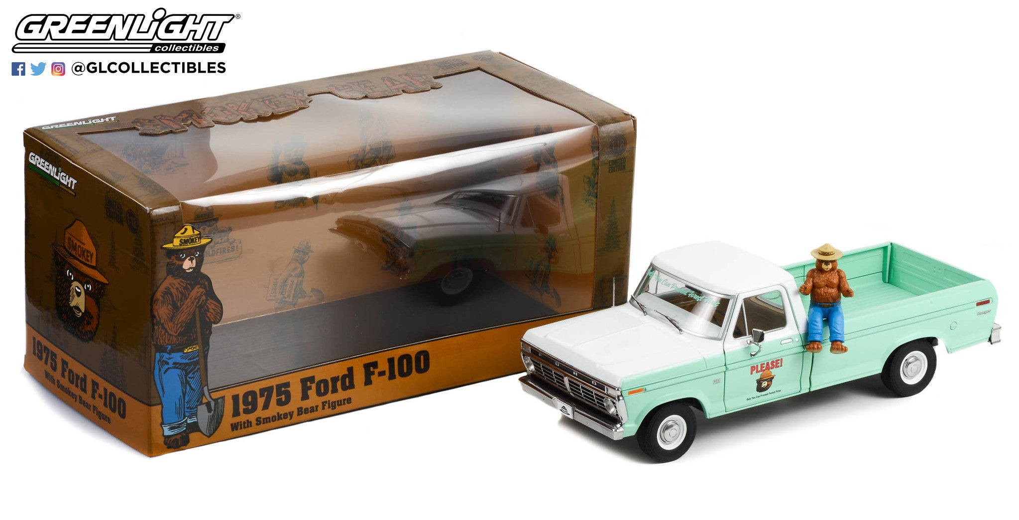 GreenLight 1 18 1975 Ford F 100 Forest Service Green with Smokey Bear Figure Only You Can Prevent Wildfires 13636