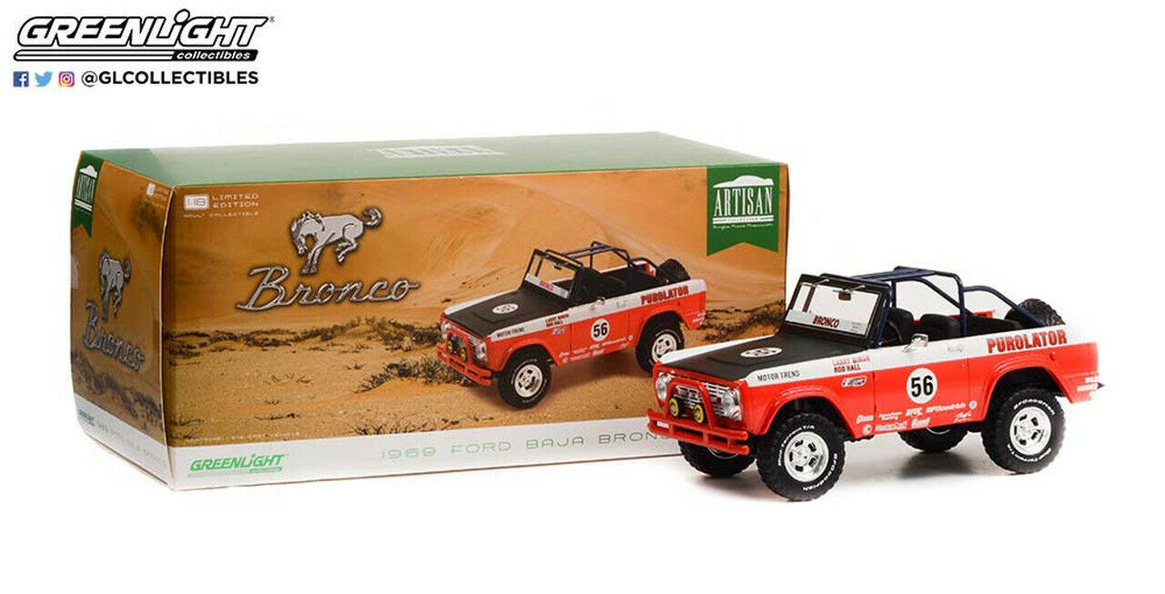 GreenLight 1:18 Artisan Collection - 1969 Ford Baja Bronco #56 Purolator  Tribute Edition 19104