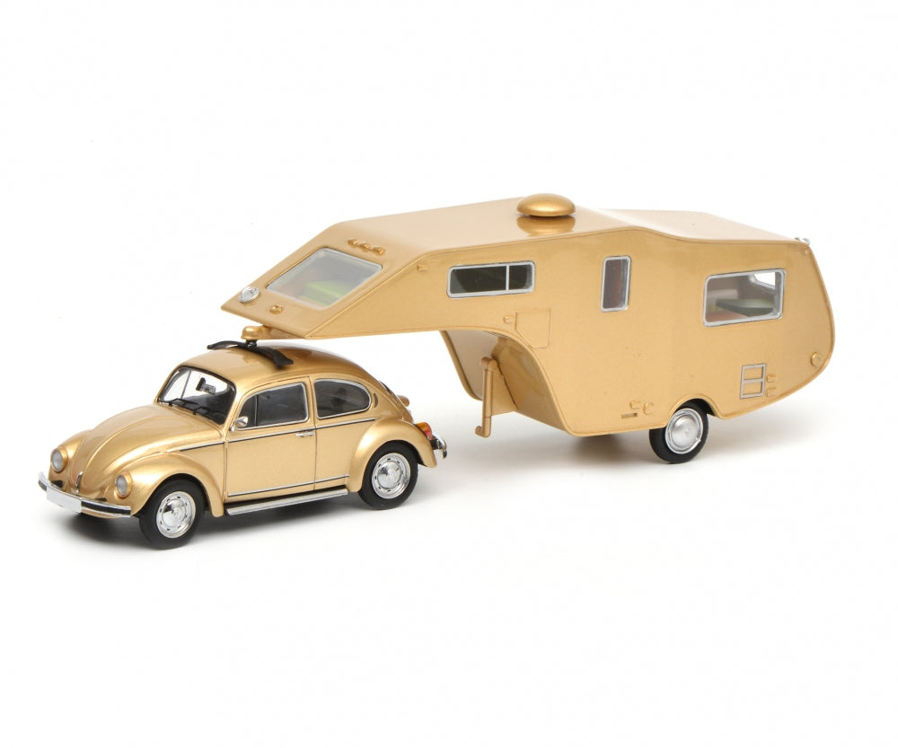 Schuco 1/43 Volkswagen 1200 Beetle with caravan trailer gold 450903800