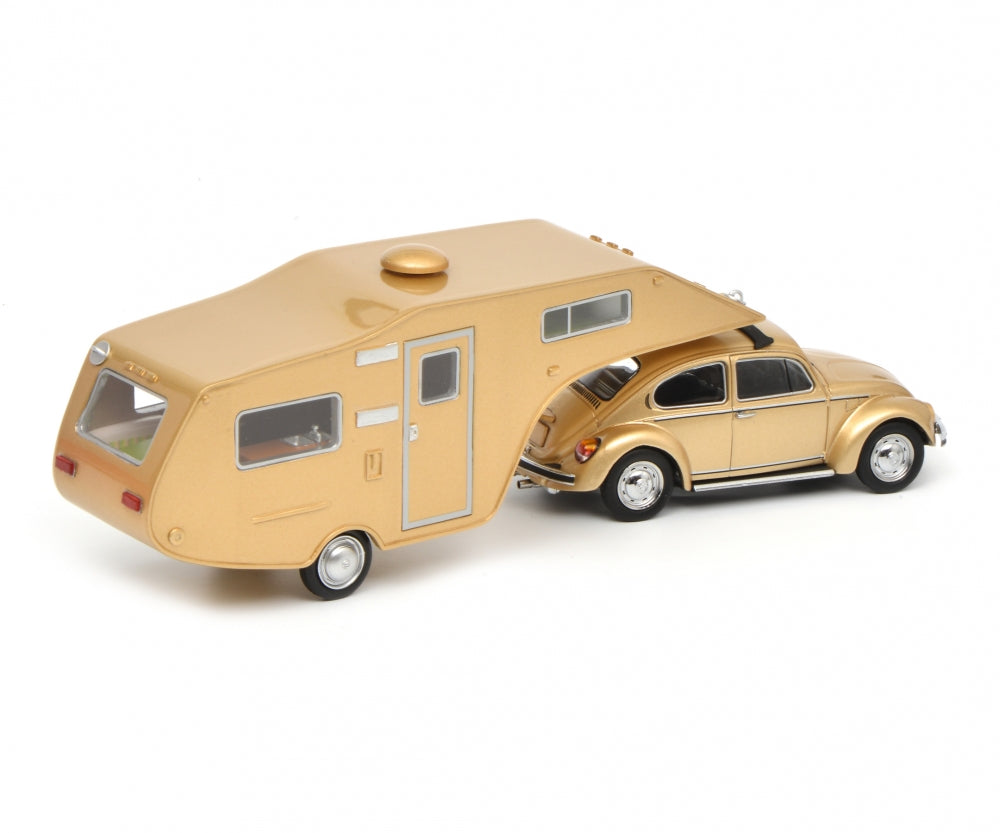 Schuco 1/43 Volkswagen 1200 Beetle with caravan trailer gold 450903800