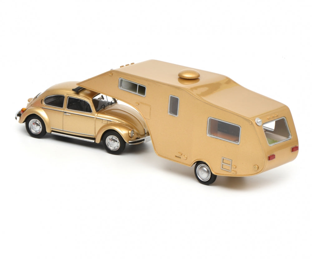 Schuco 1/43 Volkswagen 1200 Beetle with caravan trailer gold 450903800