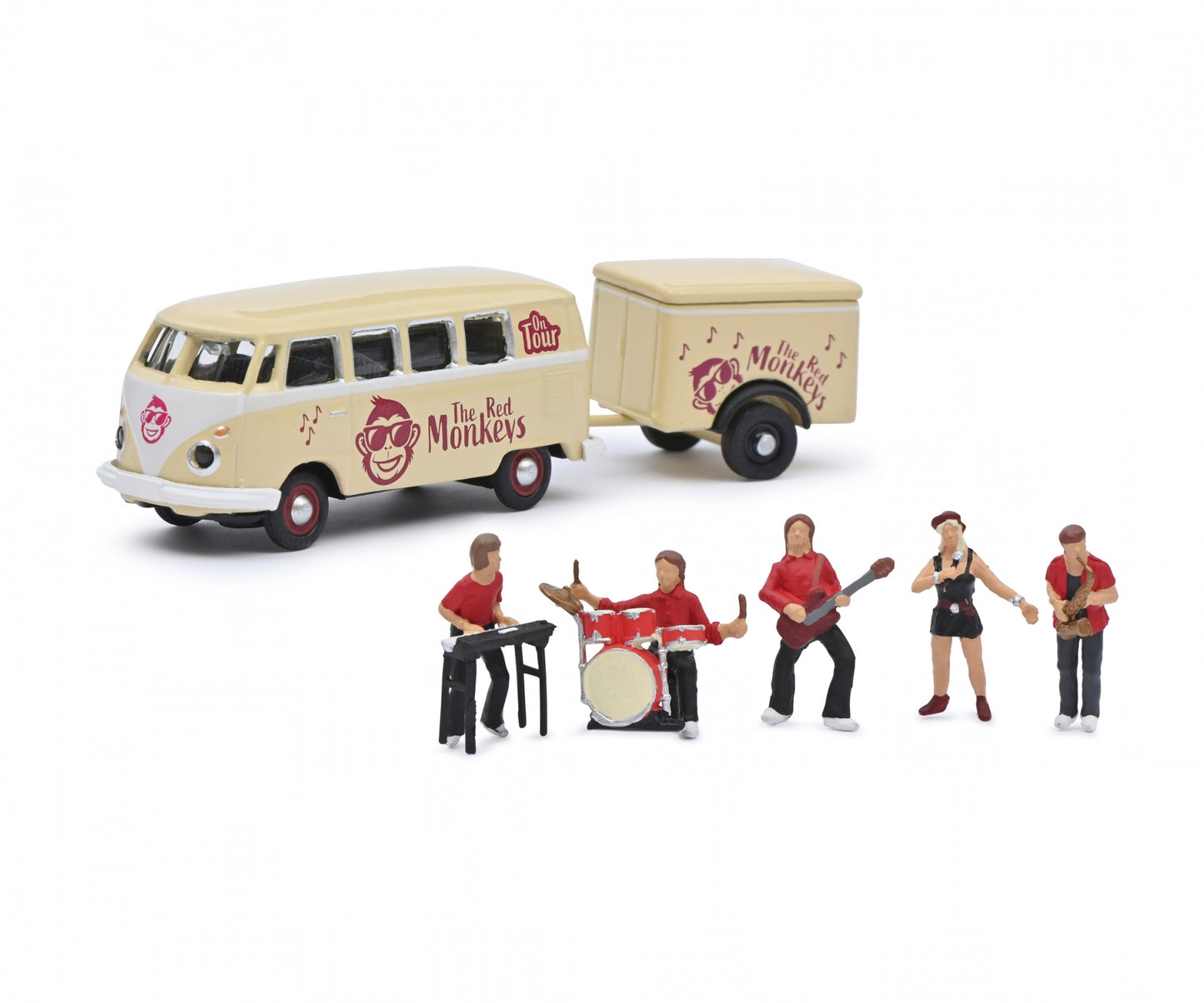 Schuco 1:87 Volkswagen T1 with Trailer + Figures The Red Monkeys Cream 452669100