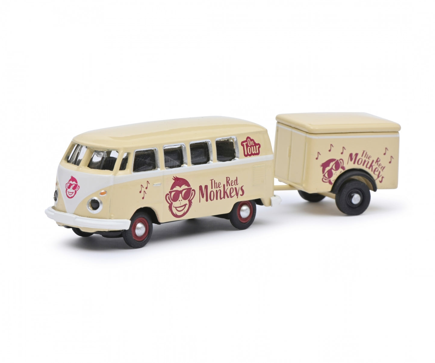 Schuco 1:87 Volkswagen T1 with Trailer + Figures The Red Monkeys Cream 452669100