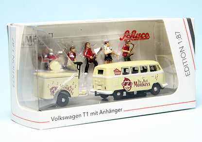 Schuco 1:87 Volkswagen T1 with Trailer + Figures The Red Monkeys Cream 452669100