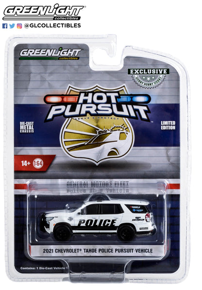 GreenLight 1:64 Hot Pursuit - 2021 Chevrolet Tahoe Police Pursuit Vehicle (PPV) - General Motors Fleet Police Show Vehicle - White and Black (Hobby Exclusive) 30356