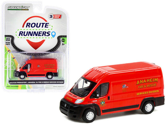 GreenLight 1:64 Route Runners Series 3 - 2018 Dodge Ram ProMaster 2500 Cargo High Roof - Anaheim, California Fire & Rescue Services Division 53030-D