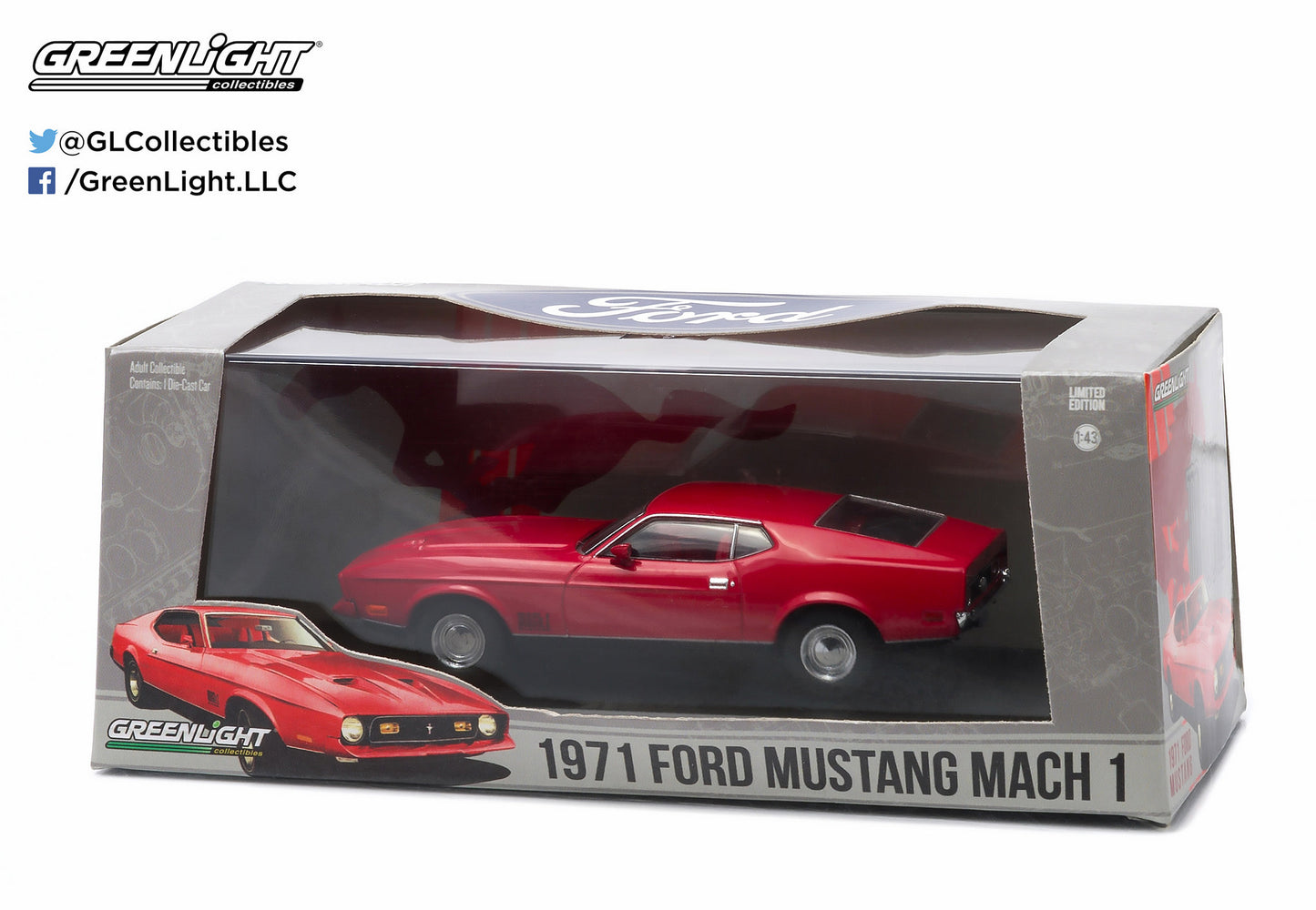 GreenLight 1:43 1971 Ford Mustang Mach 1 Red 86304 (Display case is cracked)