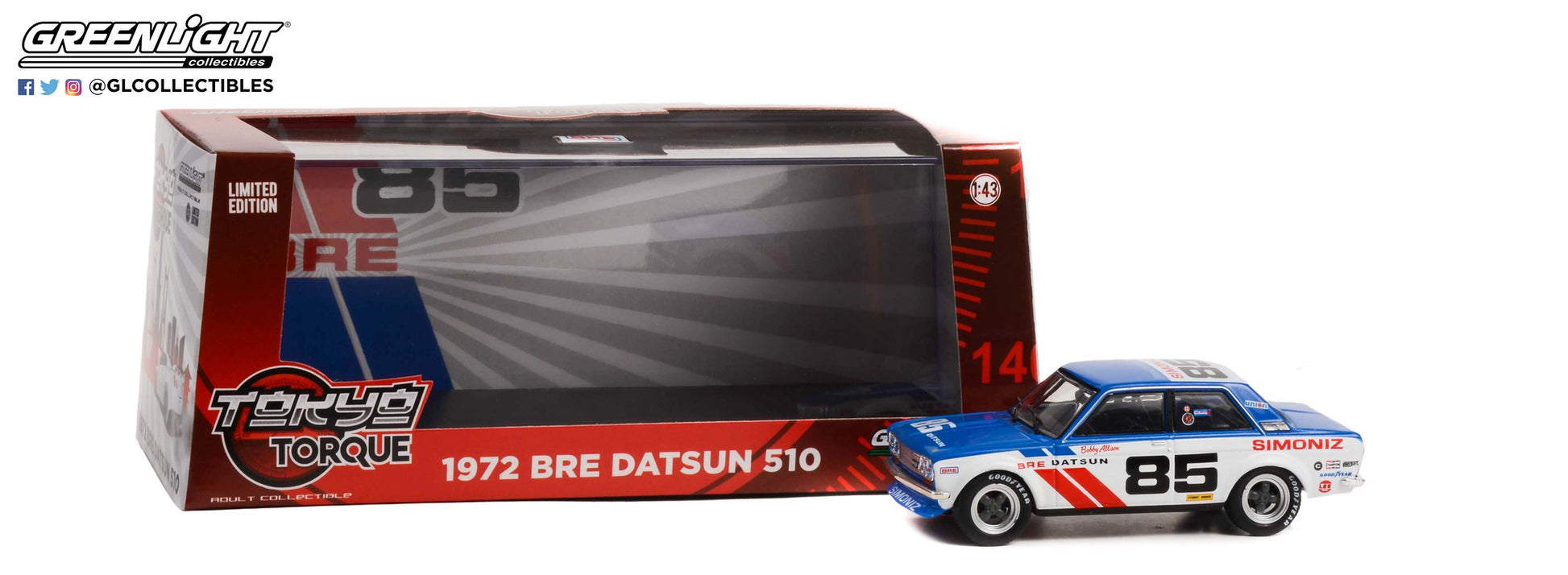 GreenLight 1:43 Tokyo Torque - 1972 Datsun 510 - #85 Brock Racing  Enterprises (BRE) - Bobby Allison 86345