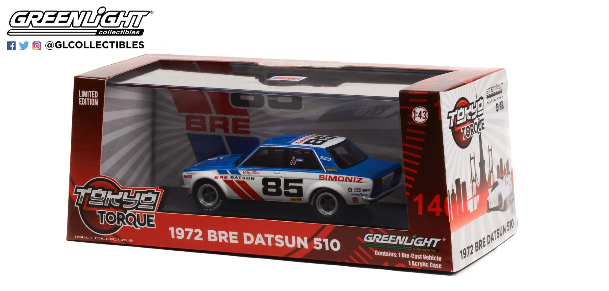 GreenLight 1:43 Tokyo Torque - 1972 Datsun 510 - #85 Brock Racing  Enterprises (BRE) - Bobby Allison 86345