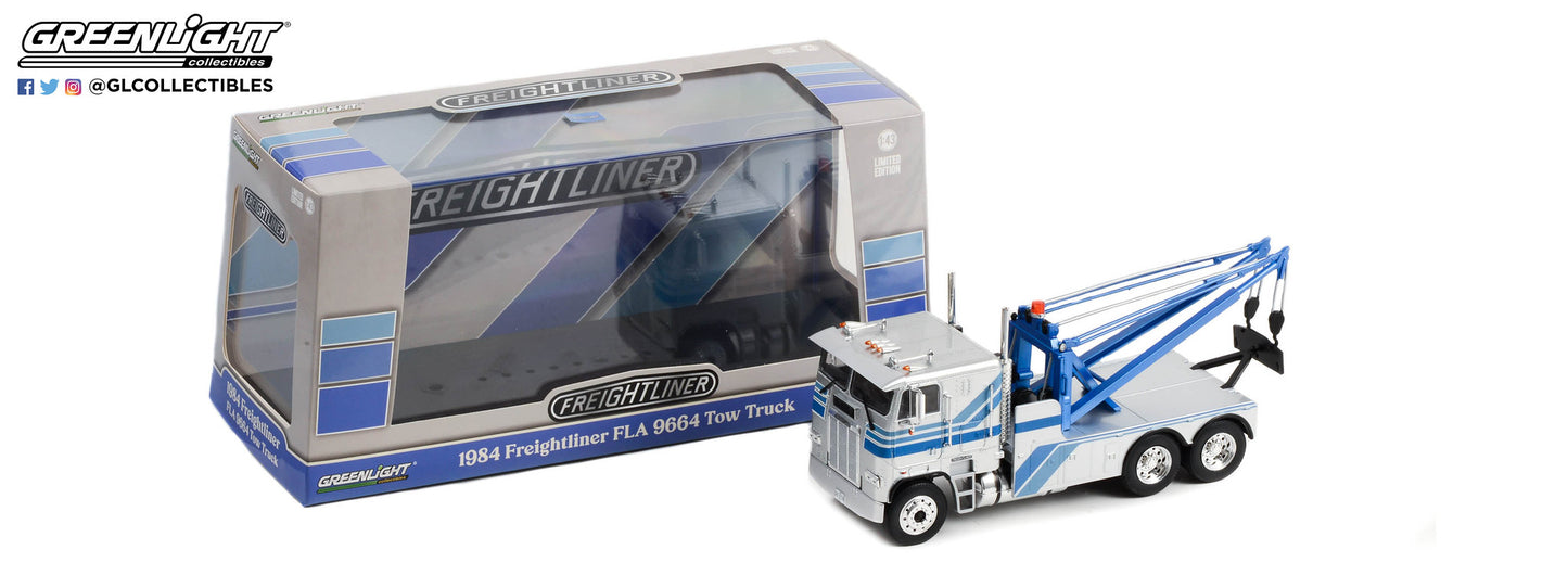 GreenLight 1:43 1984 Freightliner FLA 9664 Tow Truck - Silver with Blue Stripes 86632