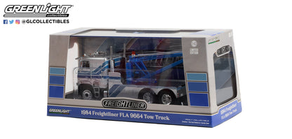 GreenLight 1:43 1984 Freightliner FLA 9664 Tow Truck - Silver with Blue Stripes 86632