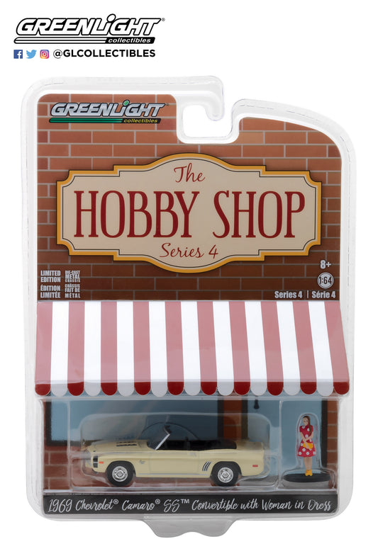 GreenLight 1:64 The Hobby Shop Series 4 - 1969 Chevrolet Camaro Convertible with Woman in Dress 97040-B