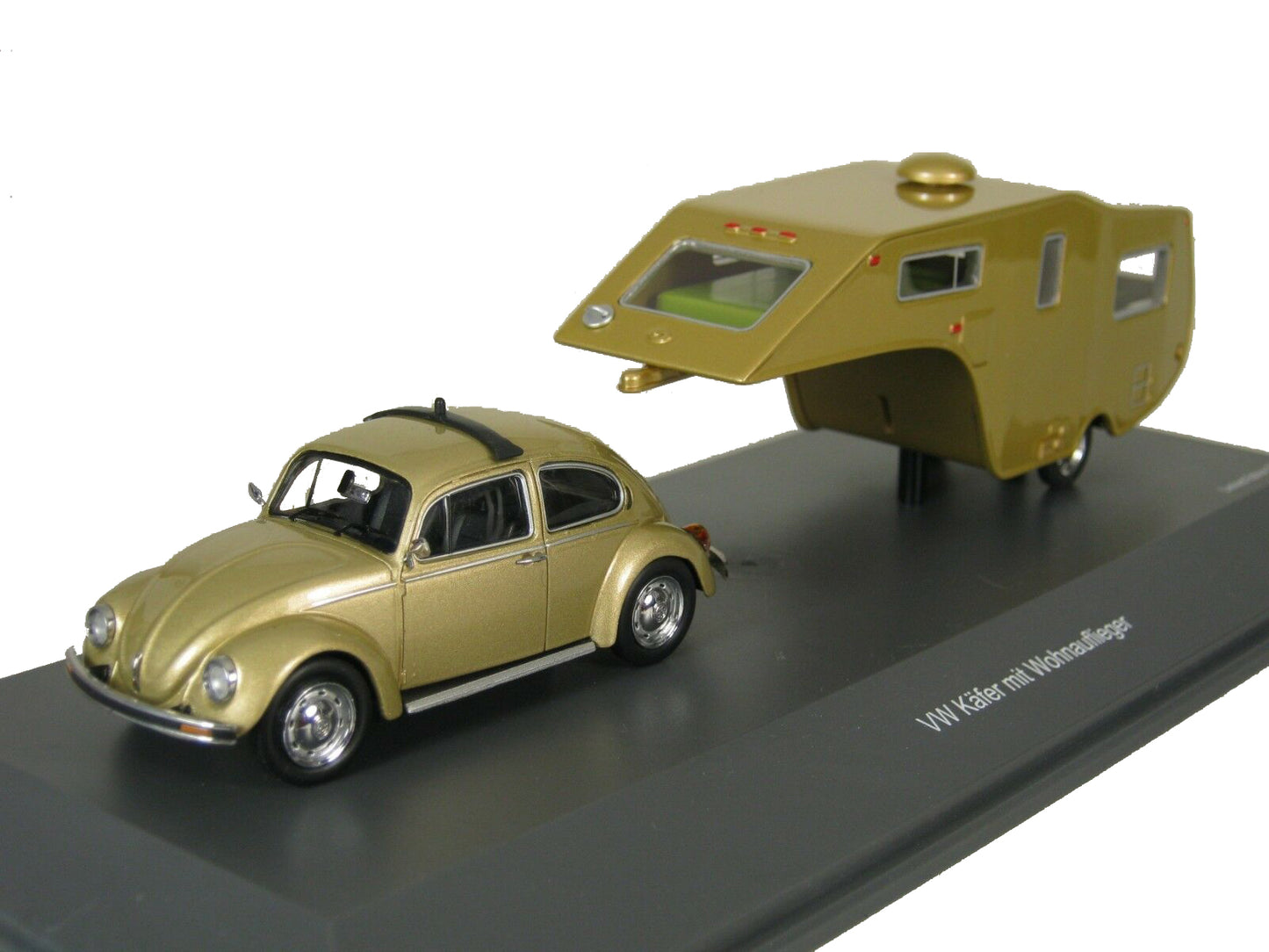 Schuco 1/43 Volkswagen 1200 Beetle with caravan trailer gold 450903800