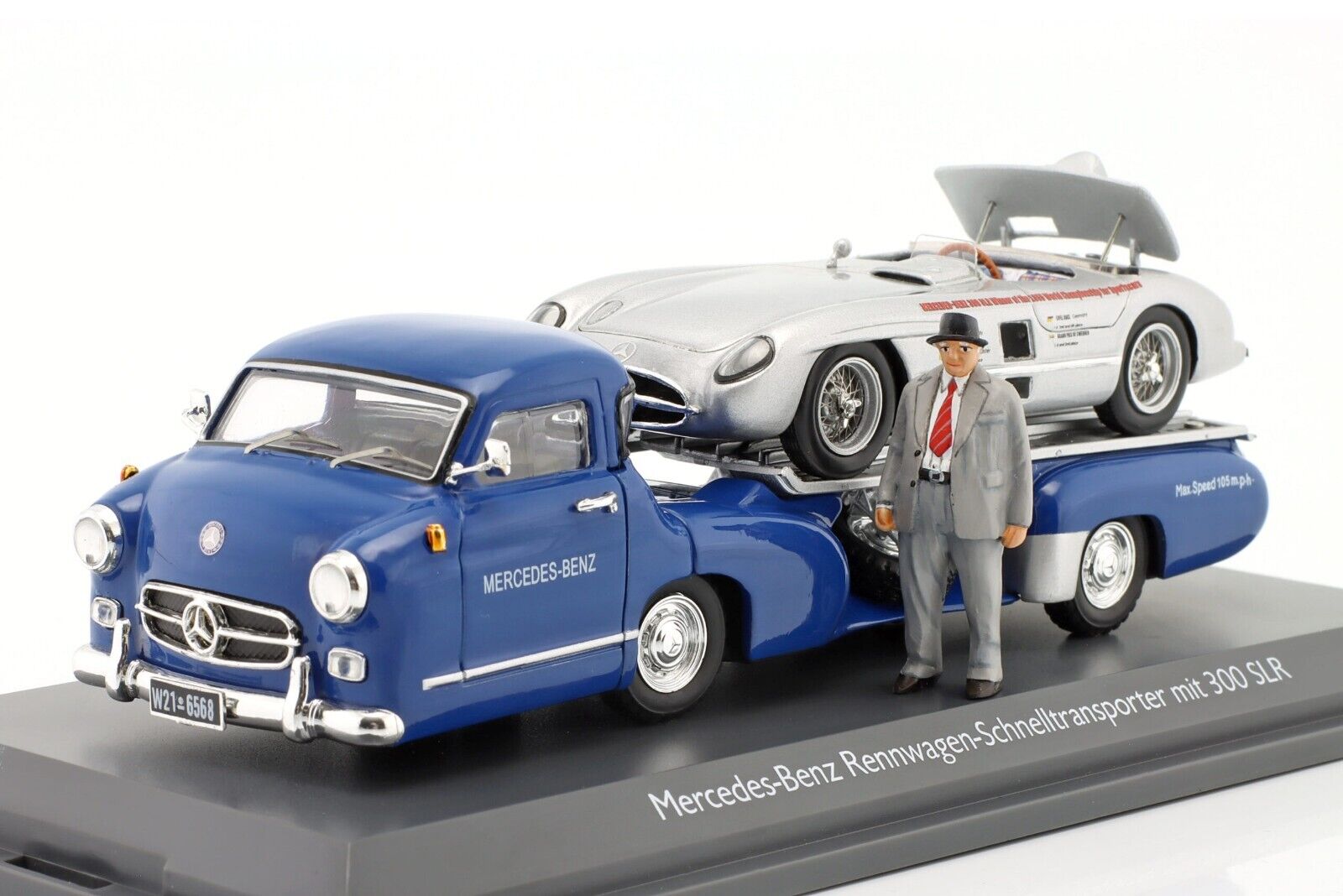 Schuco 1:43 Mercedes-Benz racing car express transporter Blue Wonder with  300 SLR Race director figure 450376800