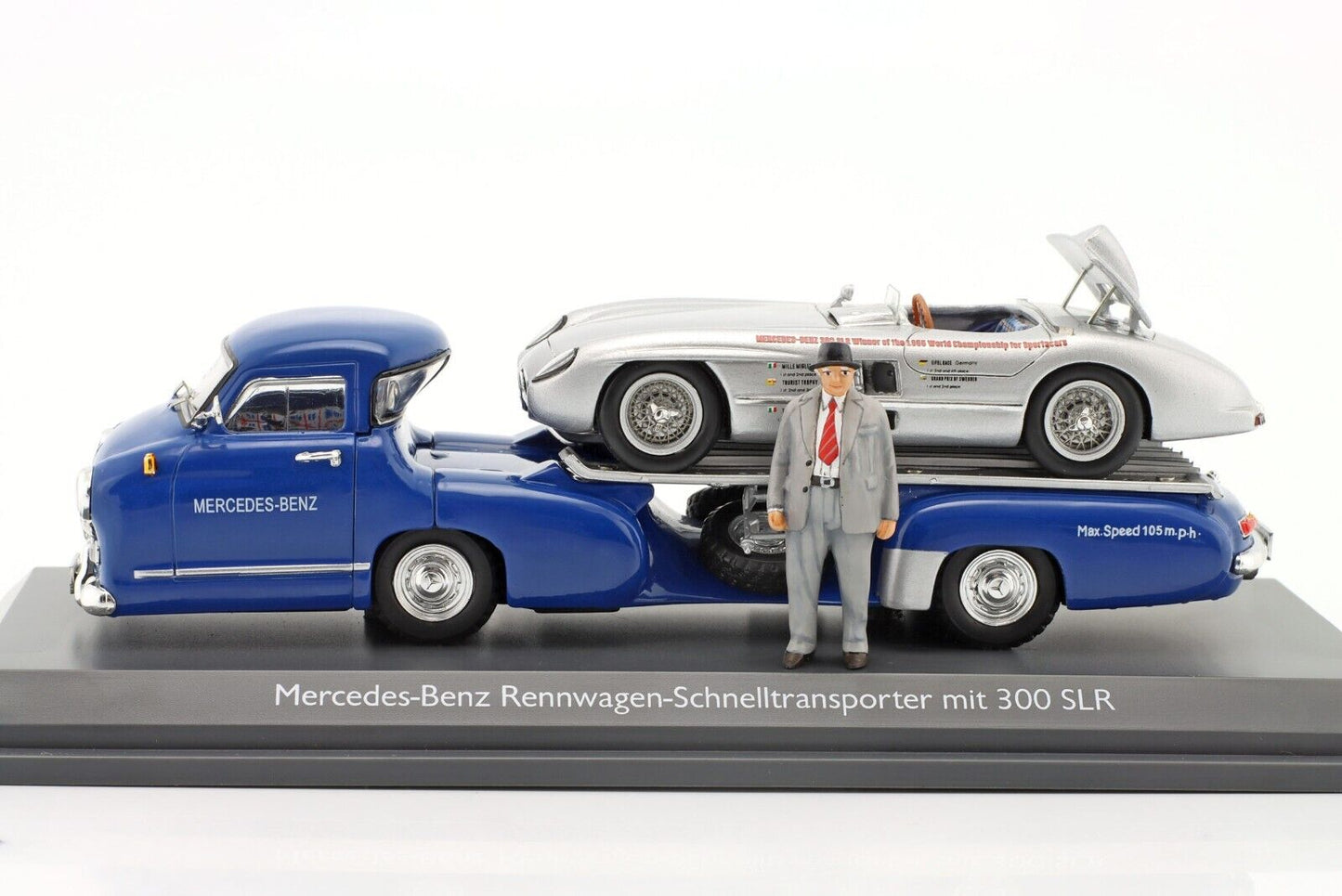 Schuco 1:43 Mercedes-Benz racing car express transporter Blue Wonder with  300 SLR Race director figure 450376800