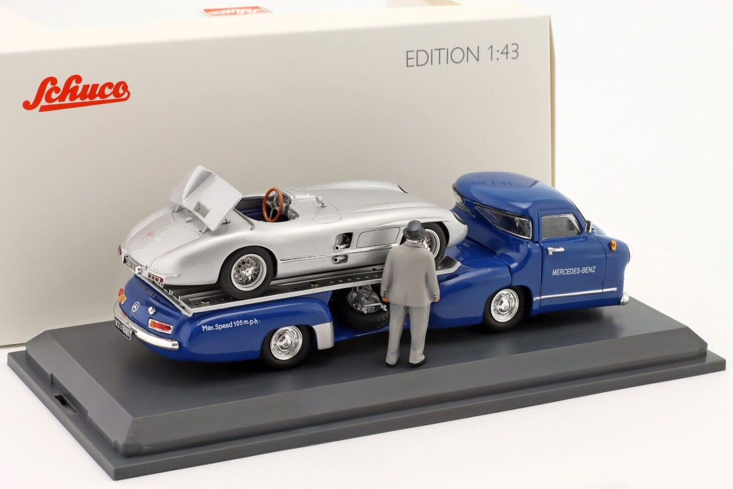 Schuco 1:43 Mercedes-Benz racing car express transporter Blue Wonder with  300 SLR Race director figure 450376800